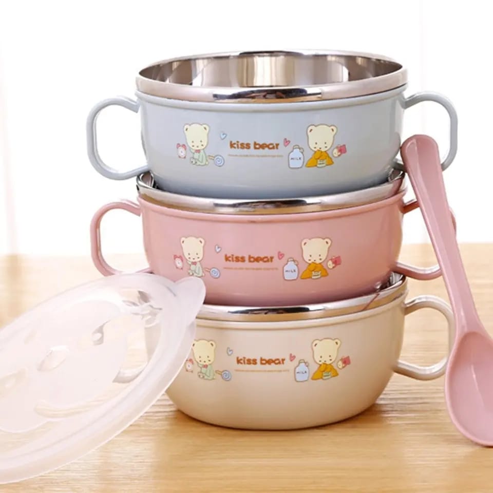 Stainless Steel Baby Feeding Bowl Set – Insulated, Double-Layered, Cartoon Design, With Lid and Spoon | 1 Pcs